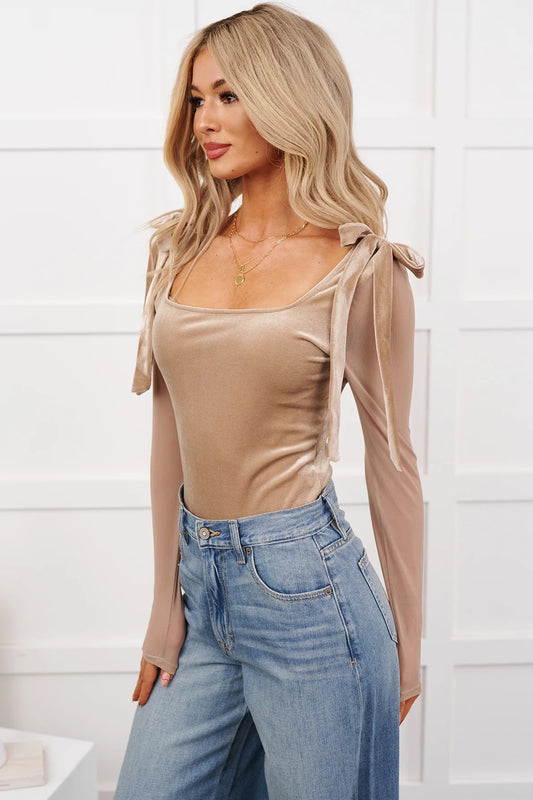 Light Beige Velvet Knot Sheer-Sleeve Bodysuit - Light French Beige - 4
