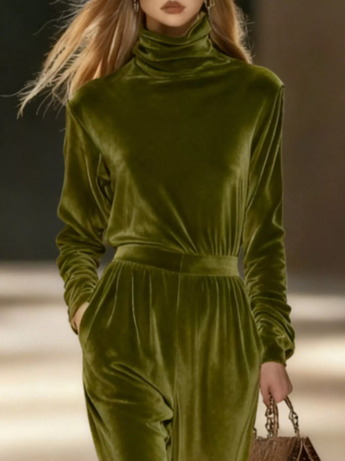 Full Size Velvet Turtleneck Long Sleeve Top and Wide-Leg Pants Set Plus Size - Green - View 2