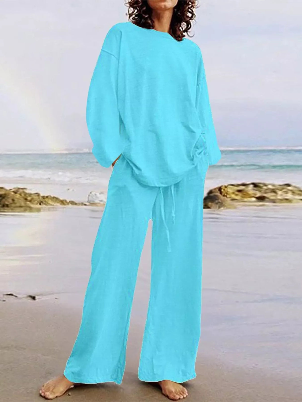 Full Size Round Neck Top and Drawstring Wide-Leg Pants Set Plus Size - Lake Blue - View 14