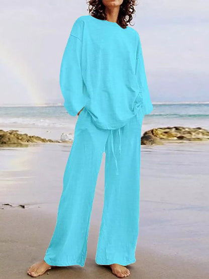 Full Size Round Neck Top and Drawstring Wide-Leg Pants Set Plus Size - Lake Blue - View 14