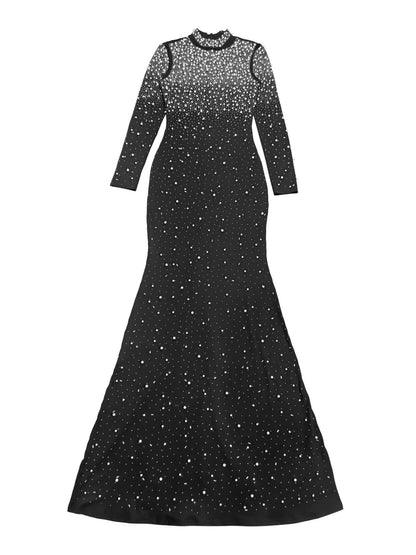 Rhinestone Long Sleeve Mermaid Maxi Dress - Black - Front Product View