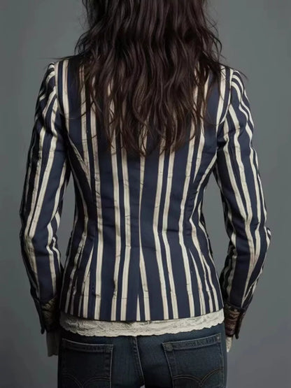 Striped Floral Contrast Slim Fit Blazer - Blue - View 4