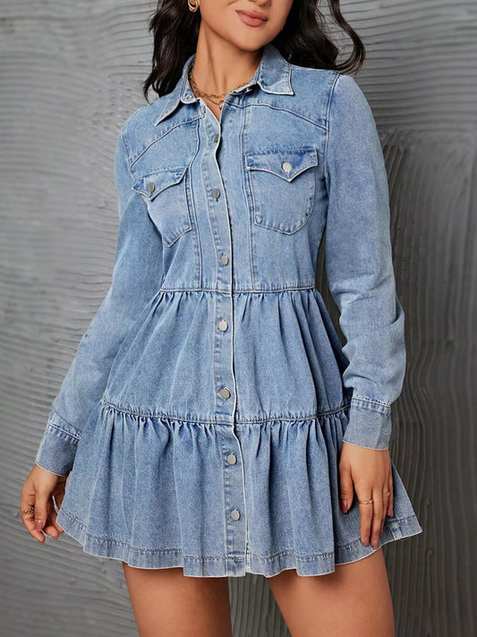 Button-Front Tiered Ruffle Denim Dress - Blue - View 1