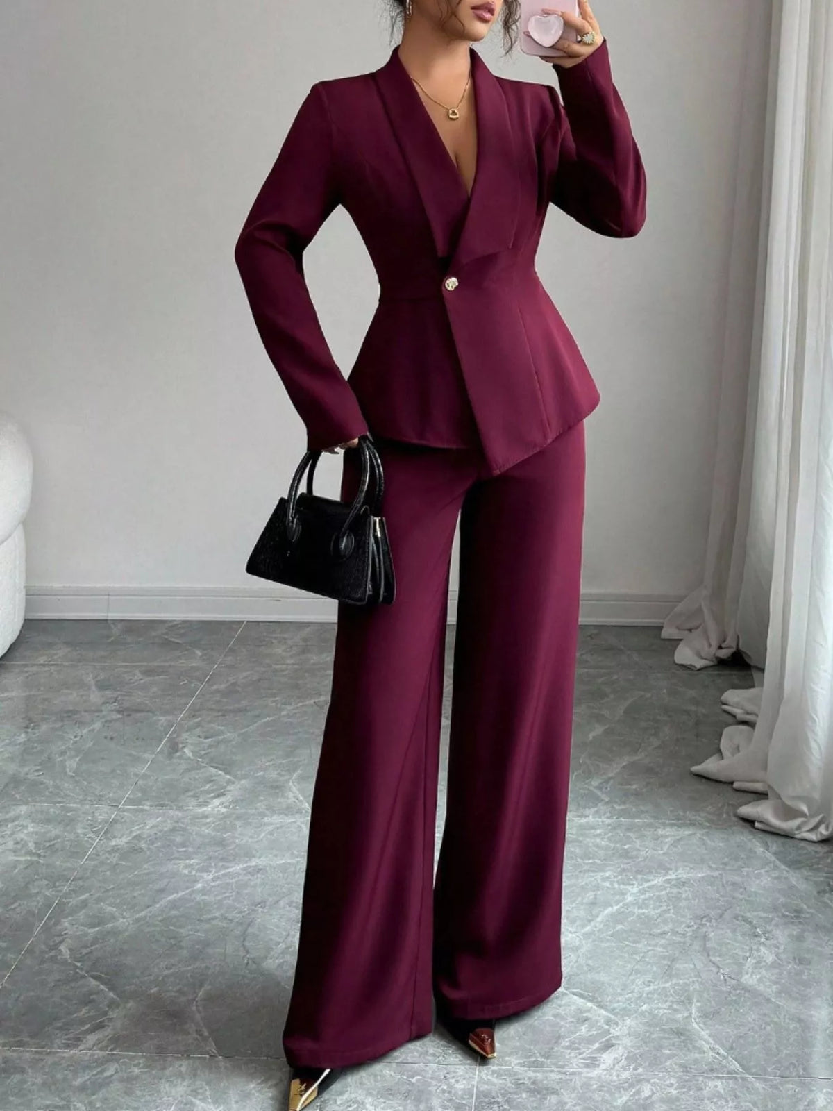 One Button Blazer and Pants Set - Burgundy - View 28