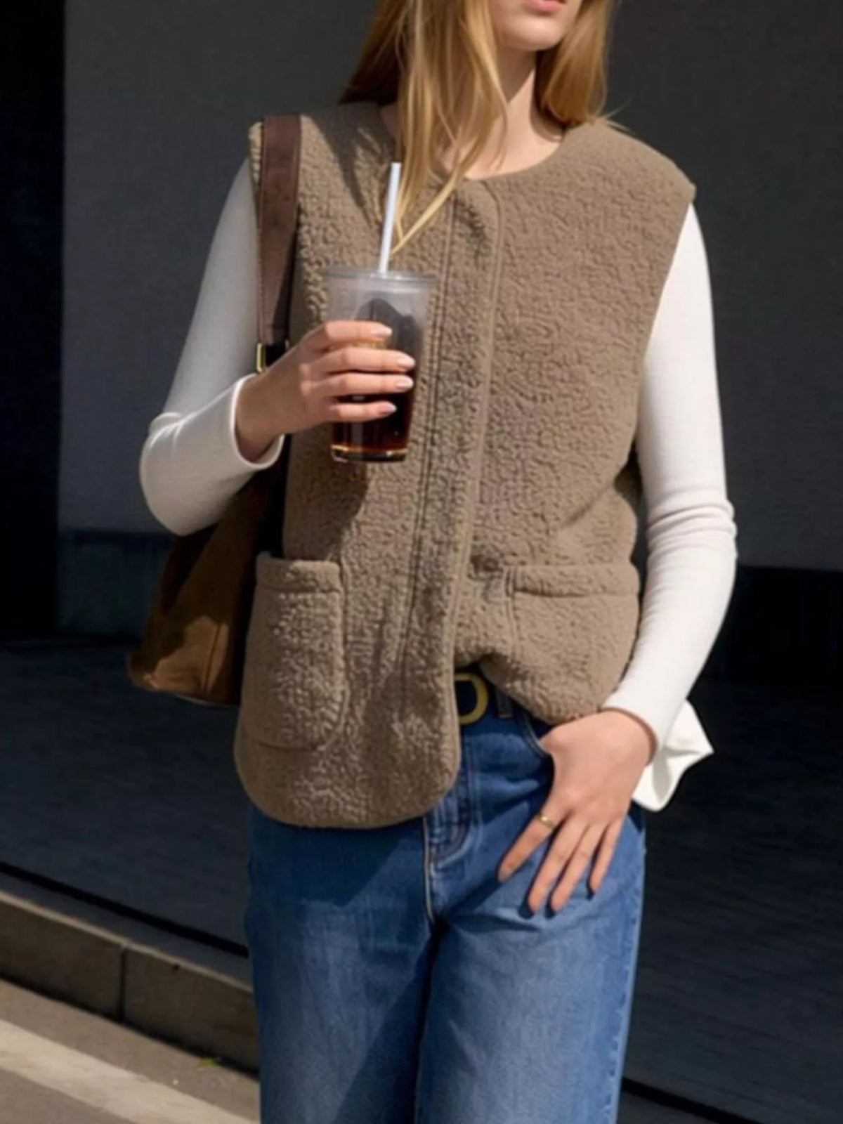 Sherpa Sleeveless Vest Coat - Khaki - View 10