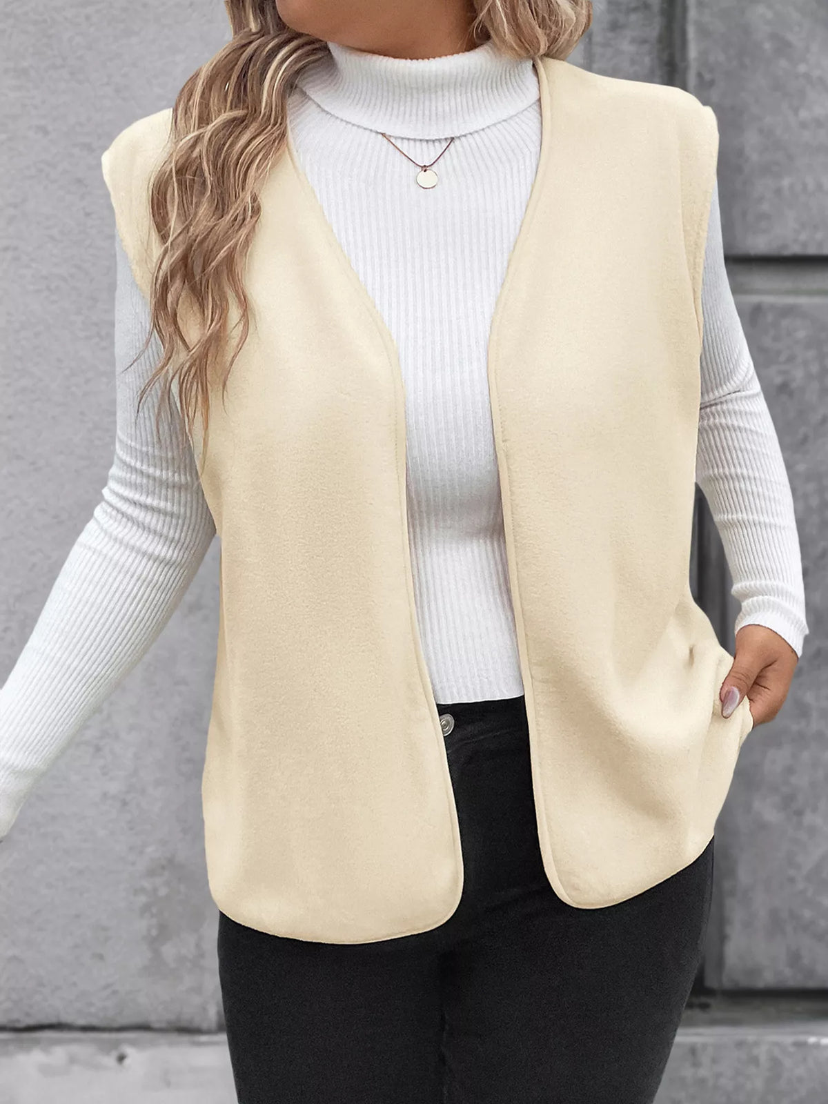 Full Size Open Front Vest Coat Plus Size - Apricot - View 7