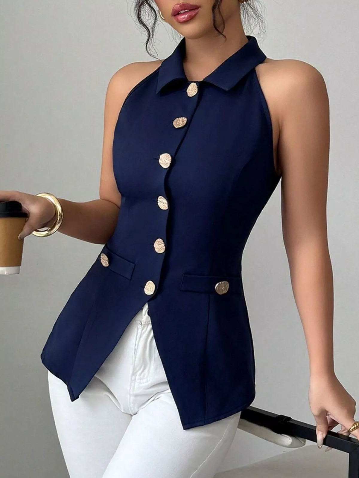 Sleeveless Lapel Collar Button-Down Vest - Dark Blue - View 1