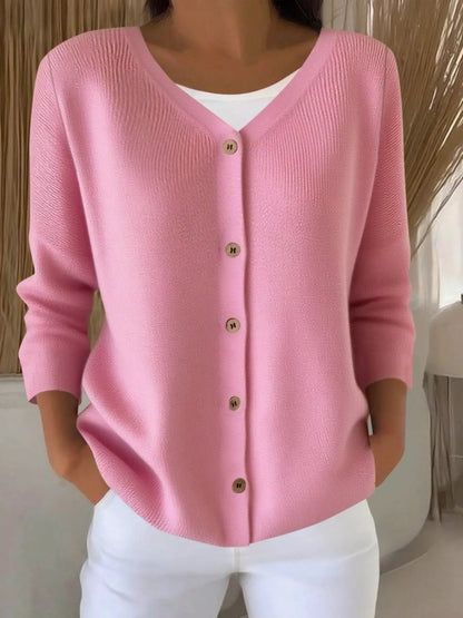 V-Neck Button-Down Ribbed Knit Cardigan - Pink - View 1