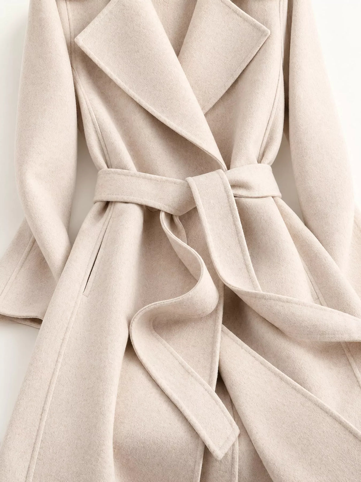 Longline Wool Coat with Waist-Defining Belt - Off White - View 12