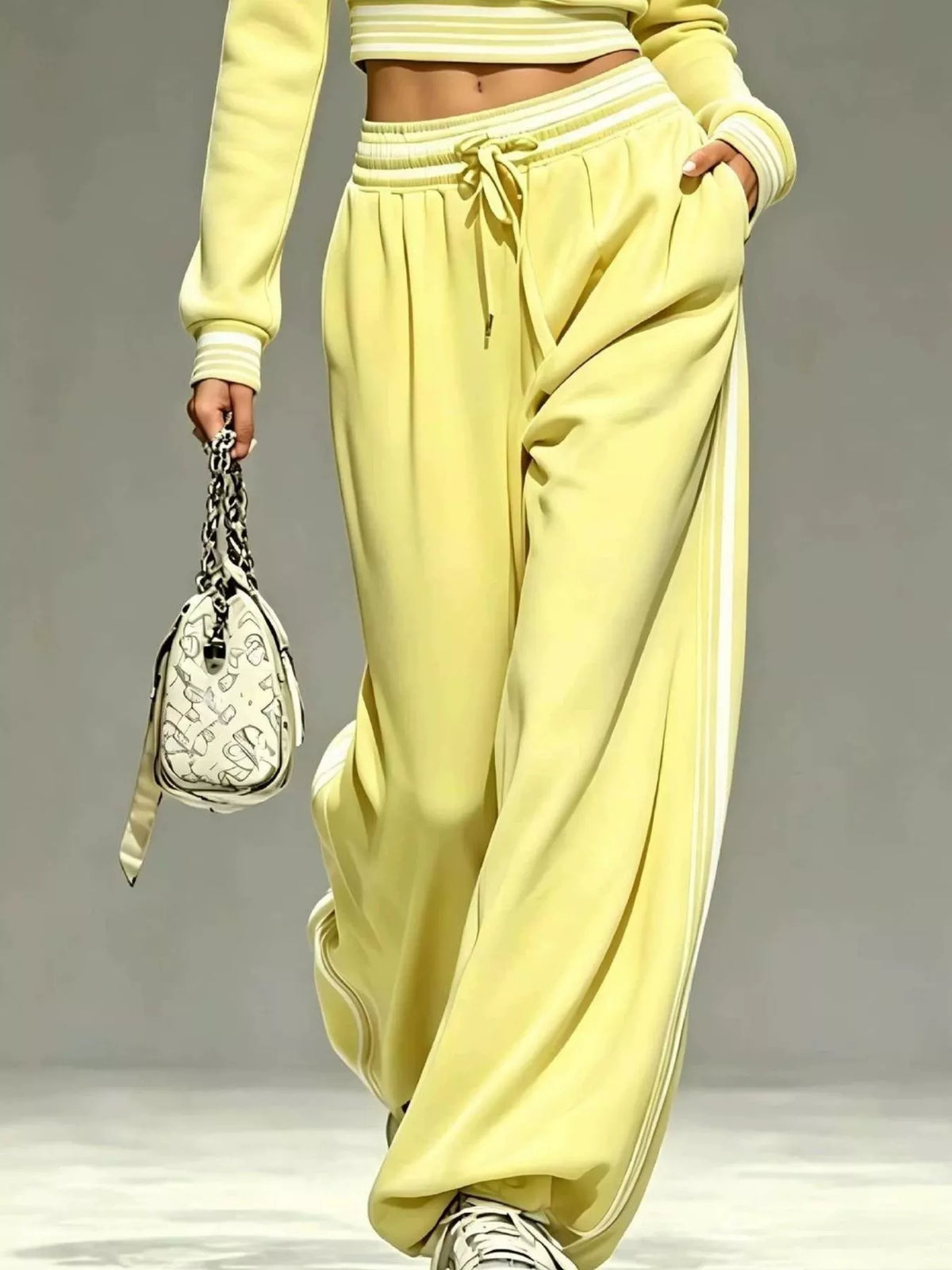 Full Size Half Zip Cropped Top and Pants Set Plus Size - Yellow - View 3