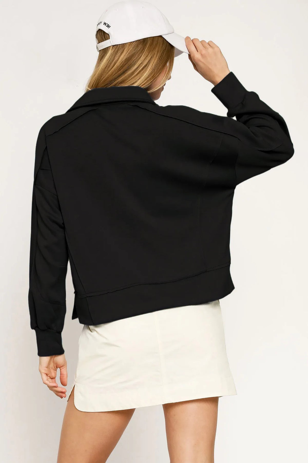 Umgee Collared Neck Long Sleeve Top with Raw Hem Detail - Black - View 2