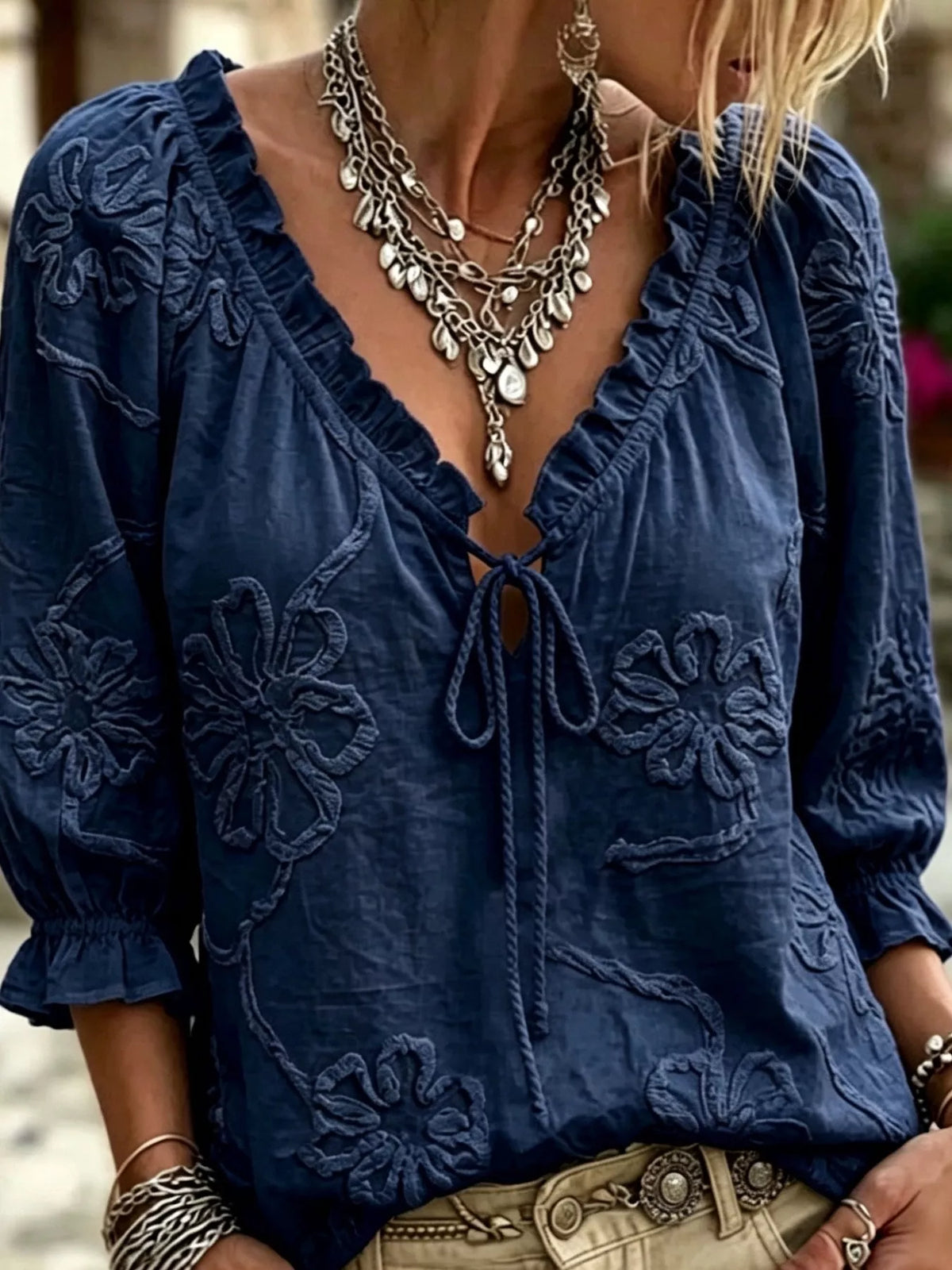 Floral Tie Neck 3/4 Sleeve Blouse - Navy - View 2