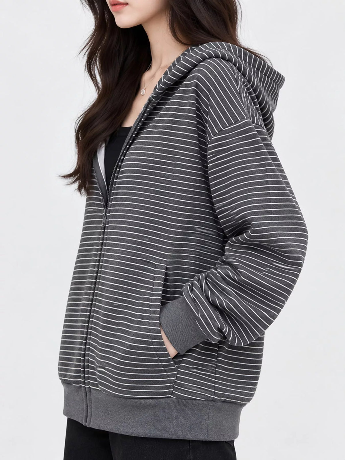 Striped Zip-Up Hoodie - Dark Gray - View 13