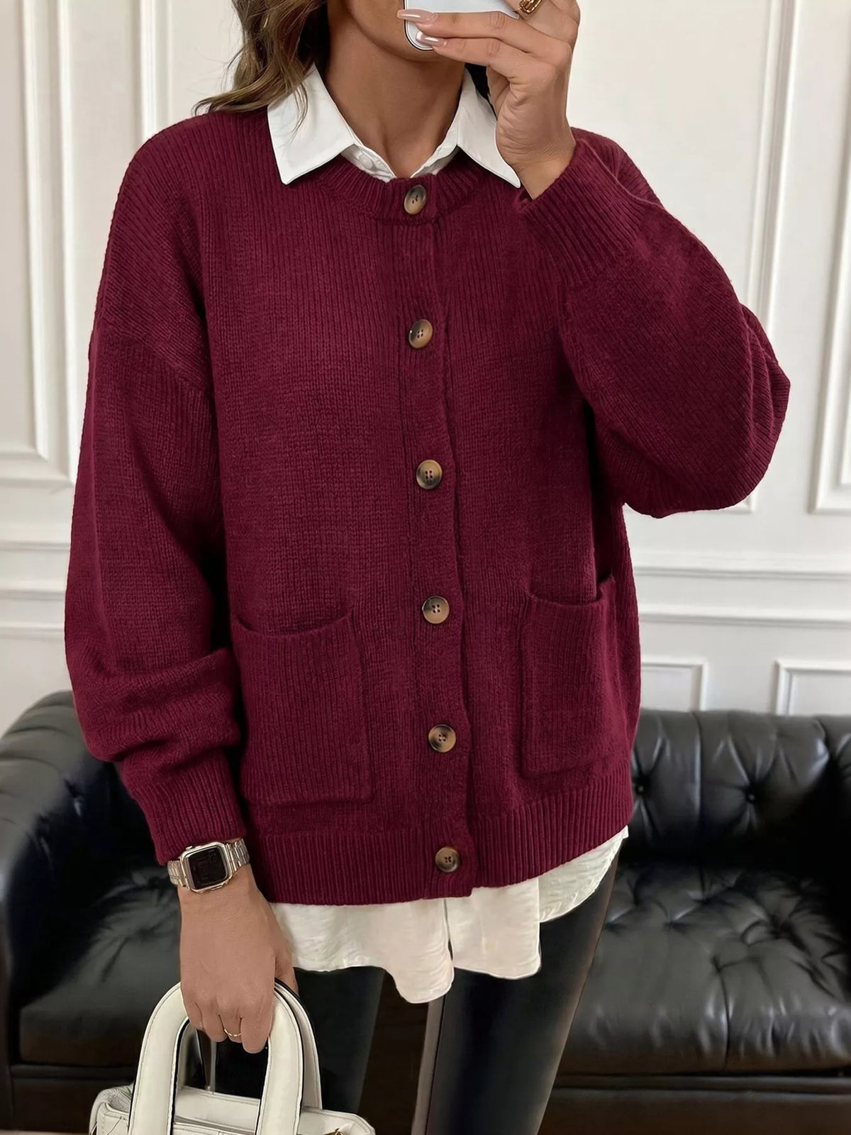 Button Up Dropped Shoulder Cardigan - Wine Red - View 1