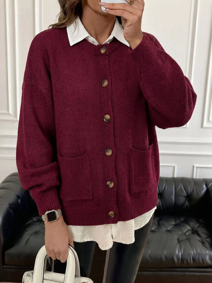 Button Up Dropped Shoulder Cardigan - Wine Red - View 1