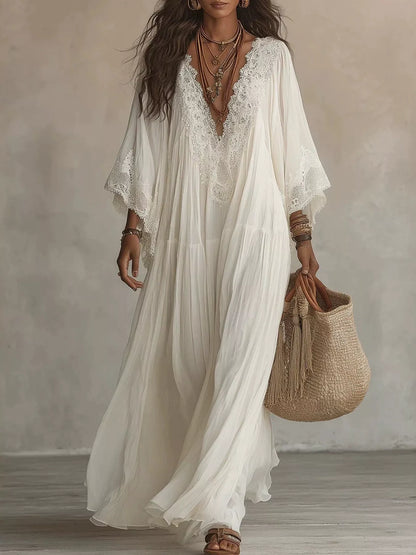 Lace Trim V-Neck Maxi Dress - White - View 1