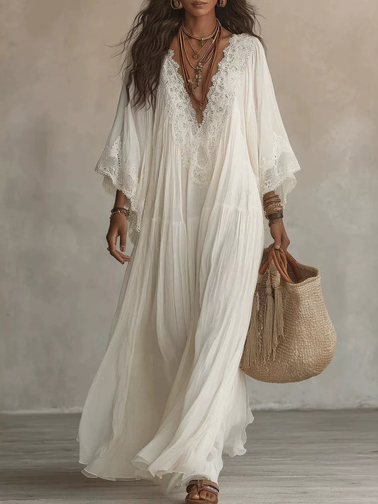 Lace Trim V-Neck Maxi Dress - White - View 1