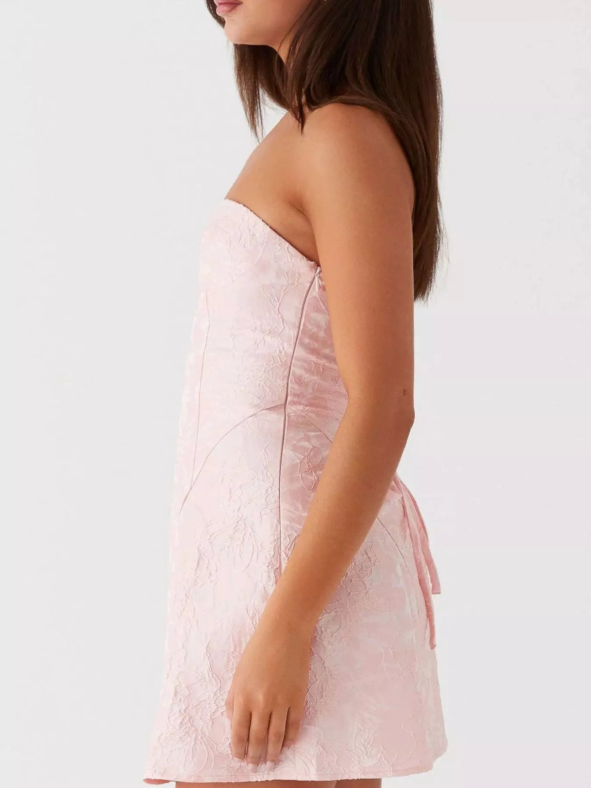 Lace Up Jacquard Tube Mini Dress - Pink - View 2