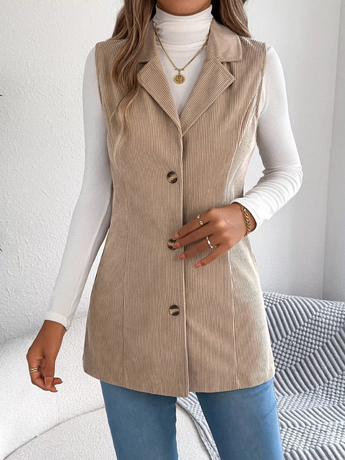 Button-Front Longline Vest Coat - Khaki - View 4