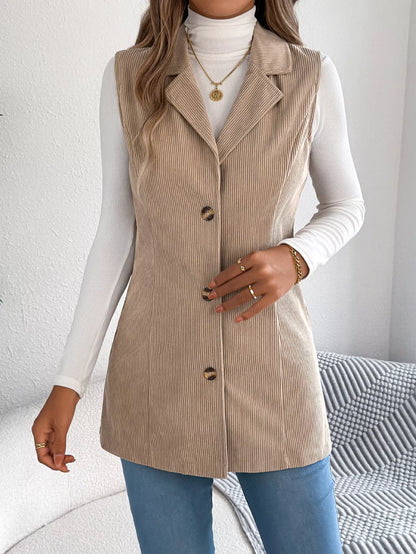 Button-Front Longline Vest Coat - Khaki - View 4