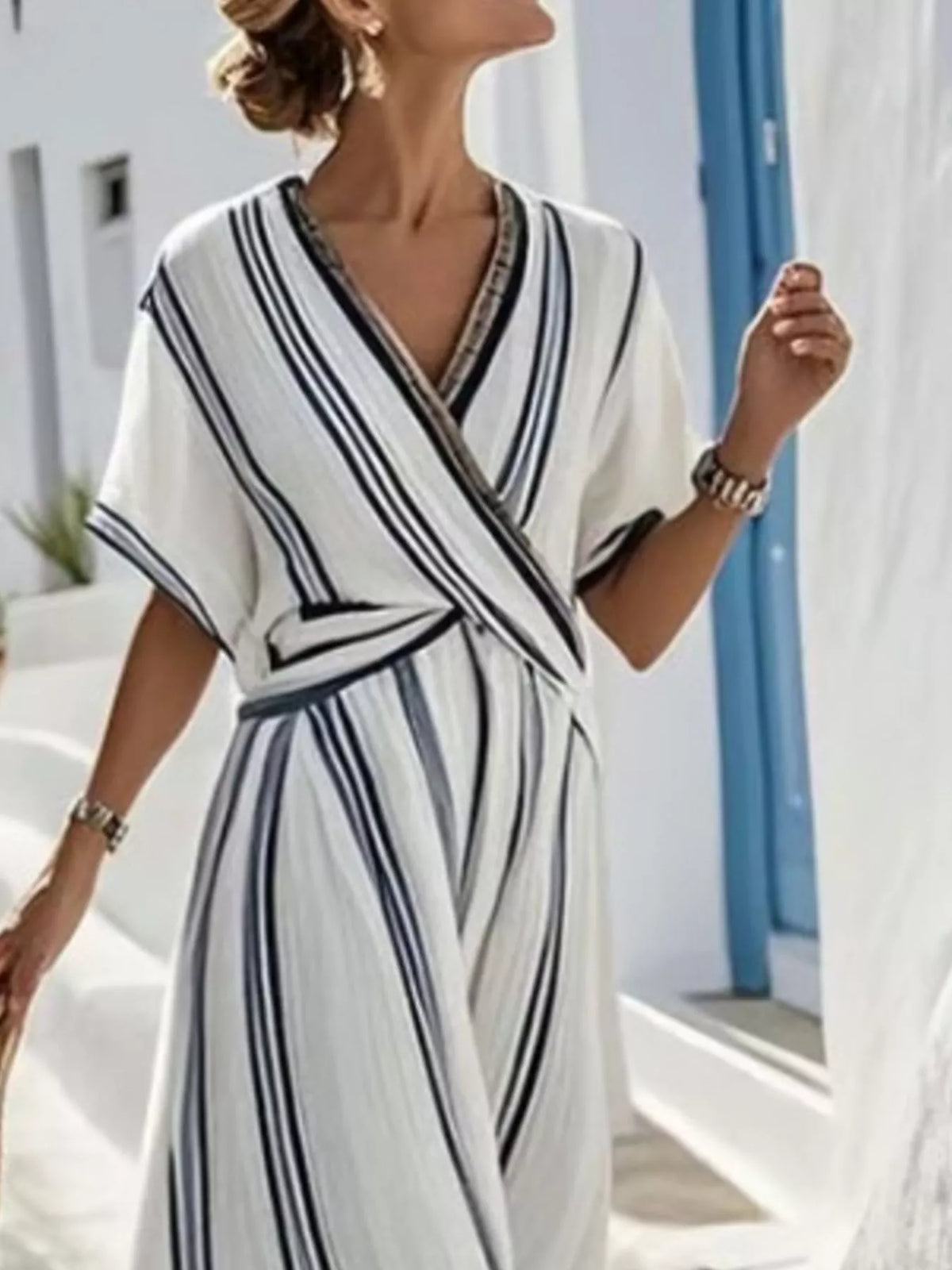 Full Size Striped Surplice Half Sleeve Midi Dress Plus Size - Multicolor - View 2