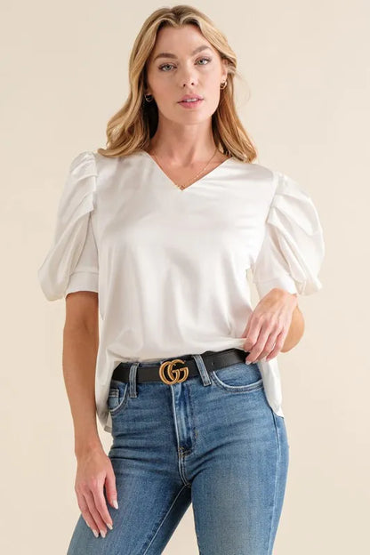 And The Why Plain Satin Puff Shirring V Neck Blouse Top - WHITE - View 1
