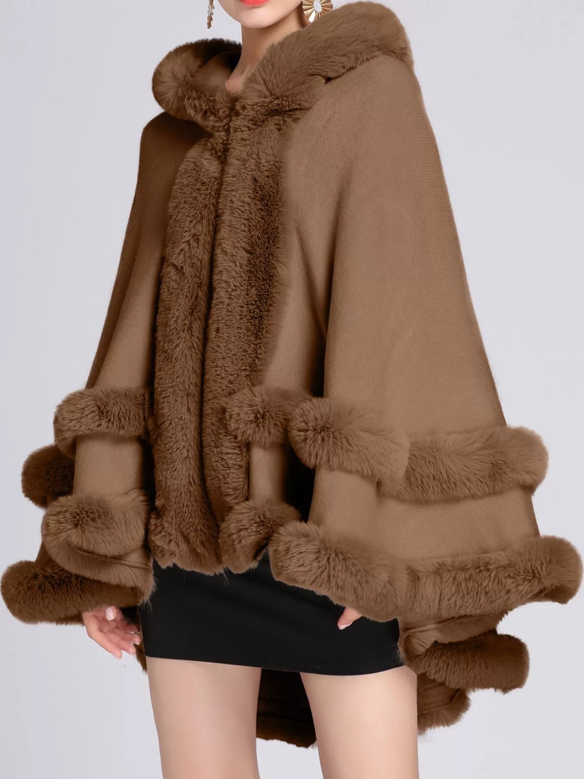 Faux Fur Trimmed Hooded Cape - Khaki - View 29