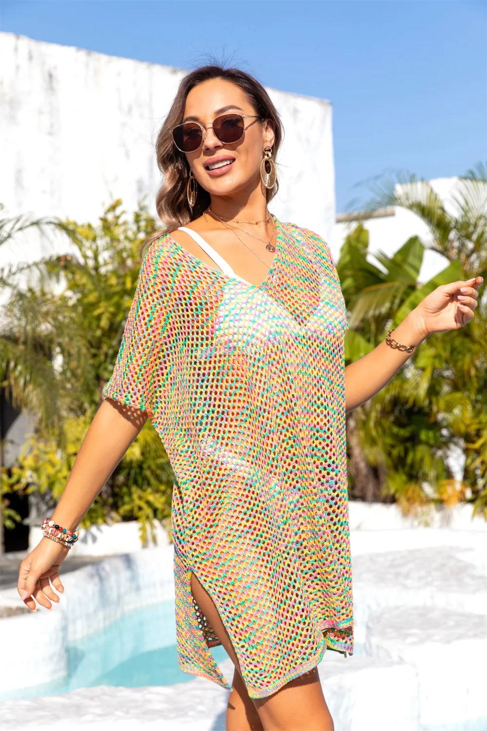Angel Wings Slit Openwork V-Neck Short Sleeve Cover Up - Multicolor - View 4