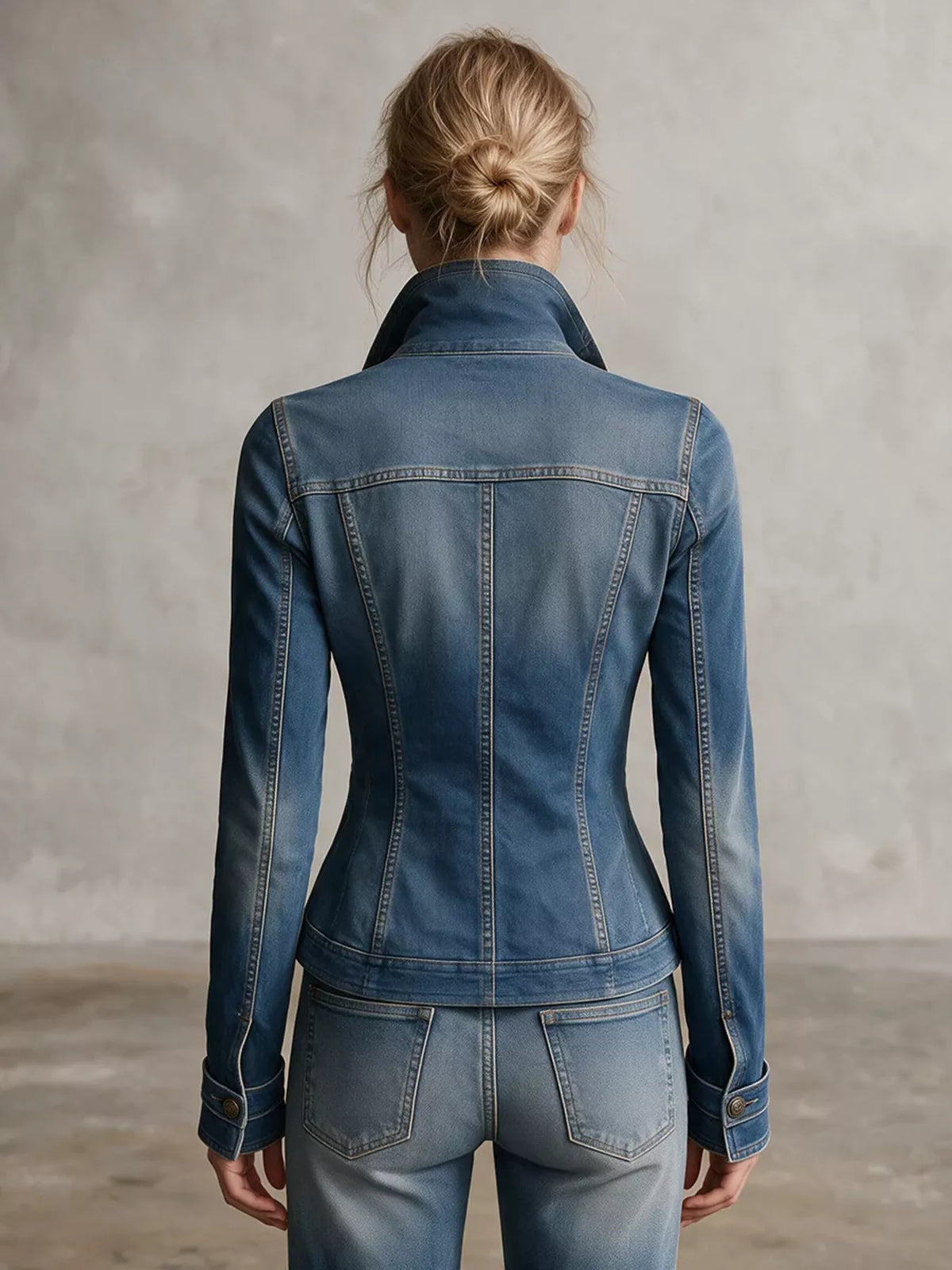 Button Up Fitted Denim Jacket - Dusty Blue - View 2