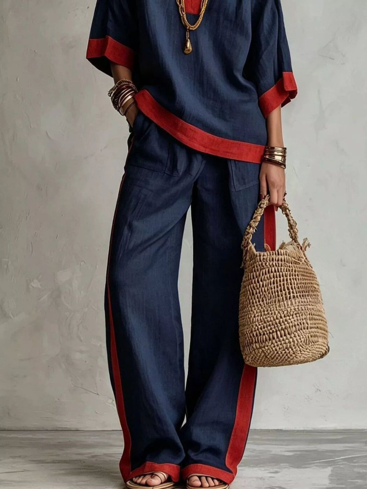 Full Size Contrast Trim Top and Wide Leg Pants Set Plus Size - Navy - View 3