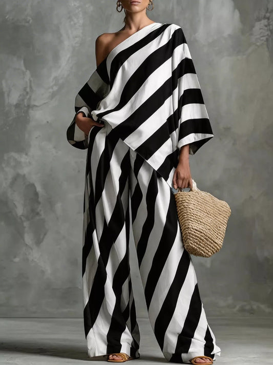 Full Size One-Shoulder Striped Top and Wide-Leg Pants Set Plus Size - product photo 1