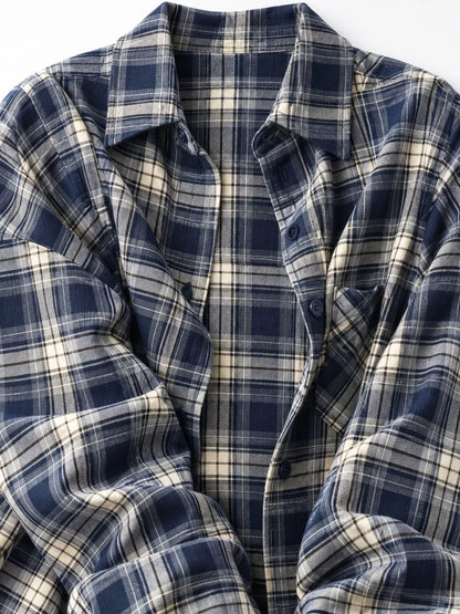Casual Loose Fit Plaid Shirt - Navy-Plaid - View 6