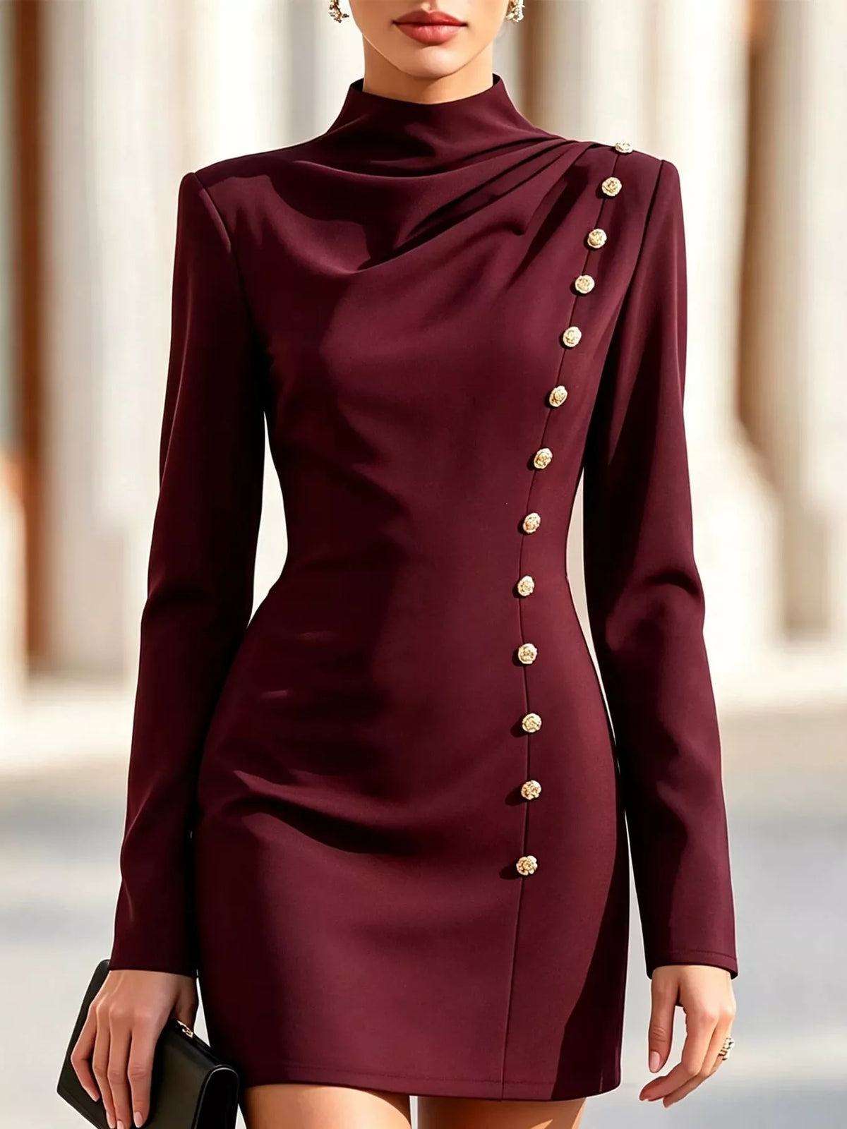 Full Size Decorative Button Mock Neck Mini Dress Plus Size - Burgundy - View 9
