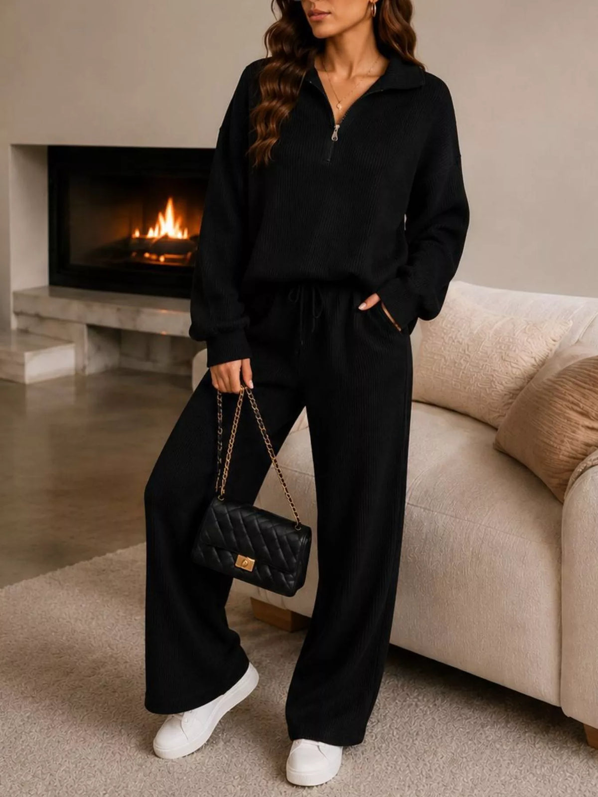 Ribbed Knit Quarter-Zip Top and Wide-Leg Pants Set - Black - View 1