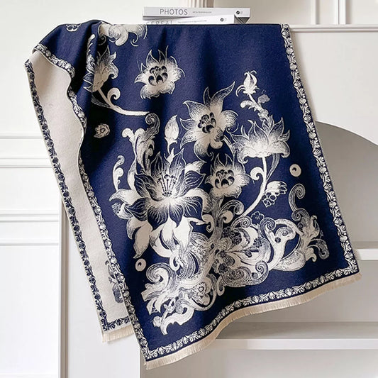 Floral Raw Hem Winter Scarf - Indigo - View 2