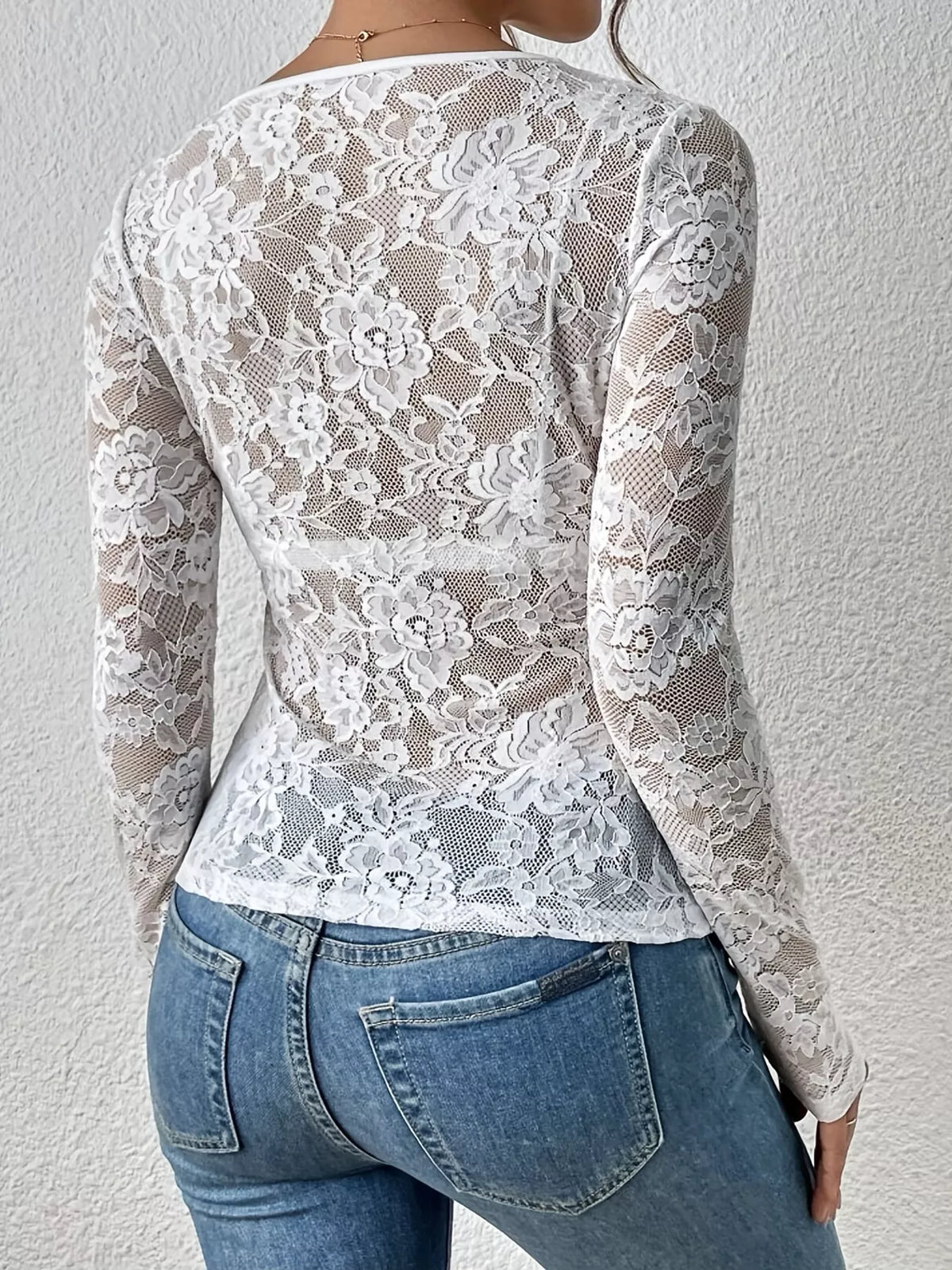 Lace V-Neck Long Sleeve Top - White - View 8