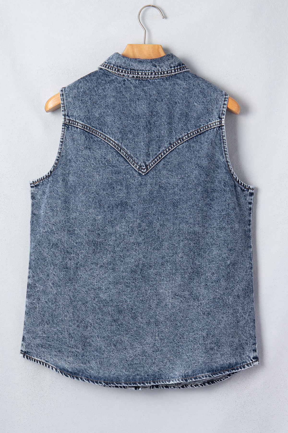 Ashleigh Blue Solid Denim Button Front Pocket Sleeveless Cowboy Vest - Ashleigh Blue - 9