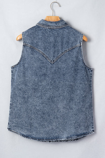 Ashleigh Blue Solid Denim Button Front Pocket Sleeveless Cowboy Vest - Ashleigh Blue - 9