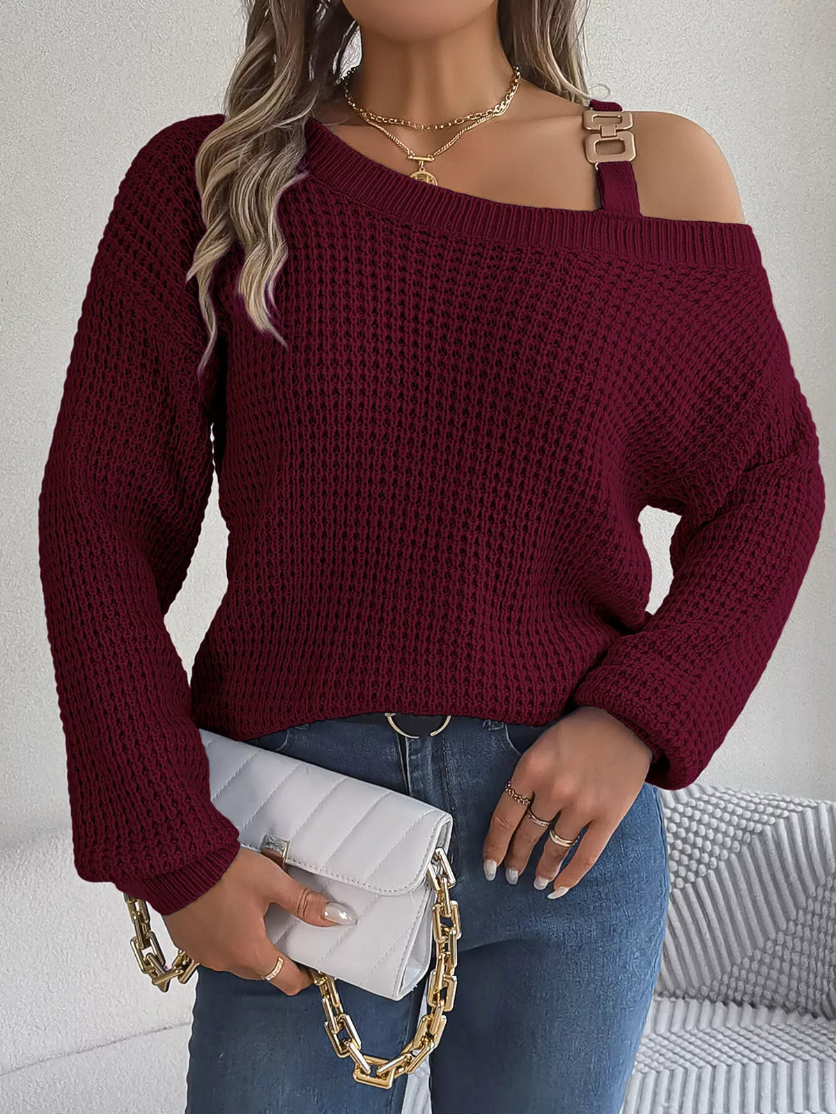 Asymmetrical Neck Long Sleeve Sweater - Burgundy - View 1