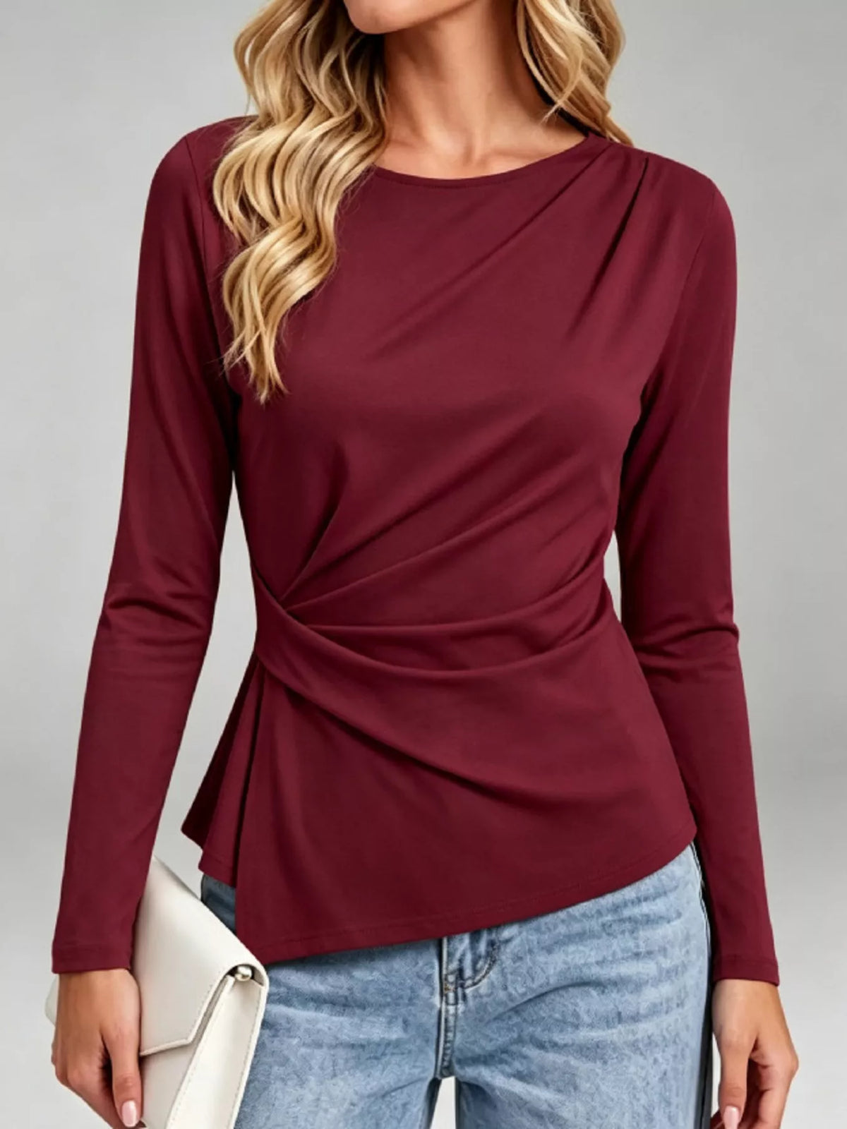 Ruched Waist Long Sleeve T-Shirt - Red - View 5