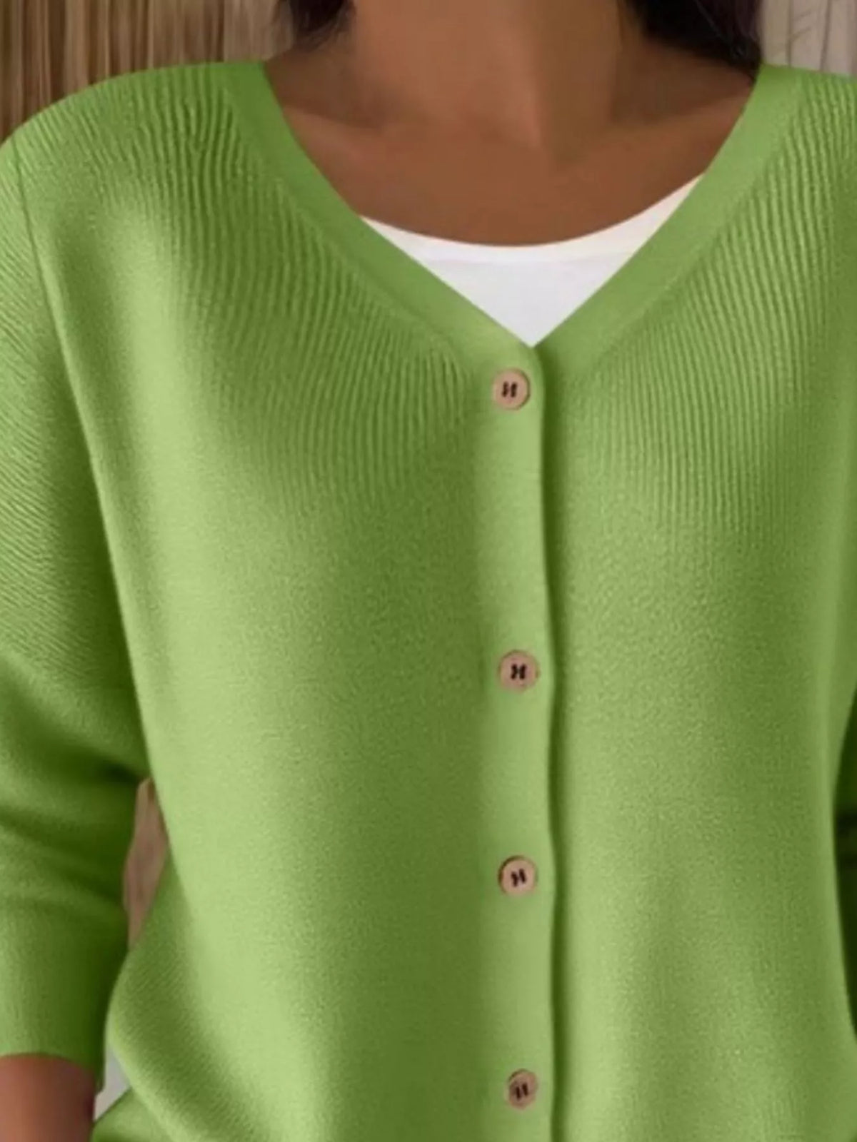 V-Neck Button-Down Ribbed Knit Cardigan - Green - View 2