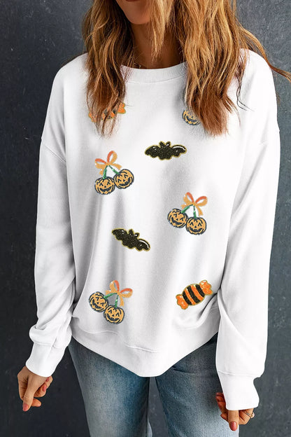 Sequin Halloween Pattern Pullover Sweatshirt - White - View 4