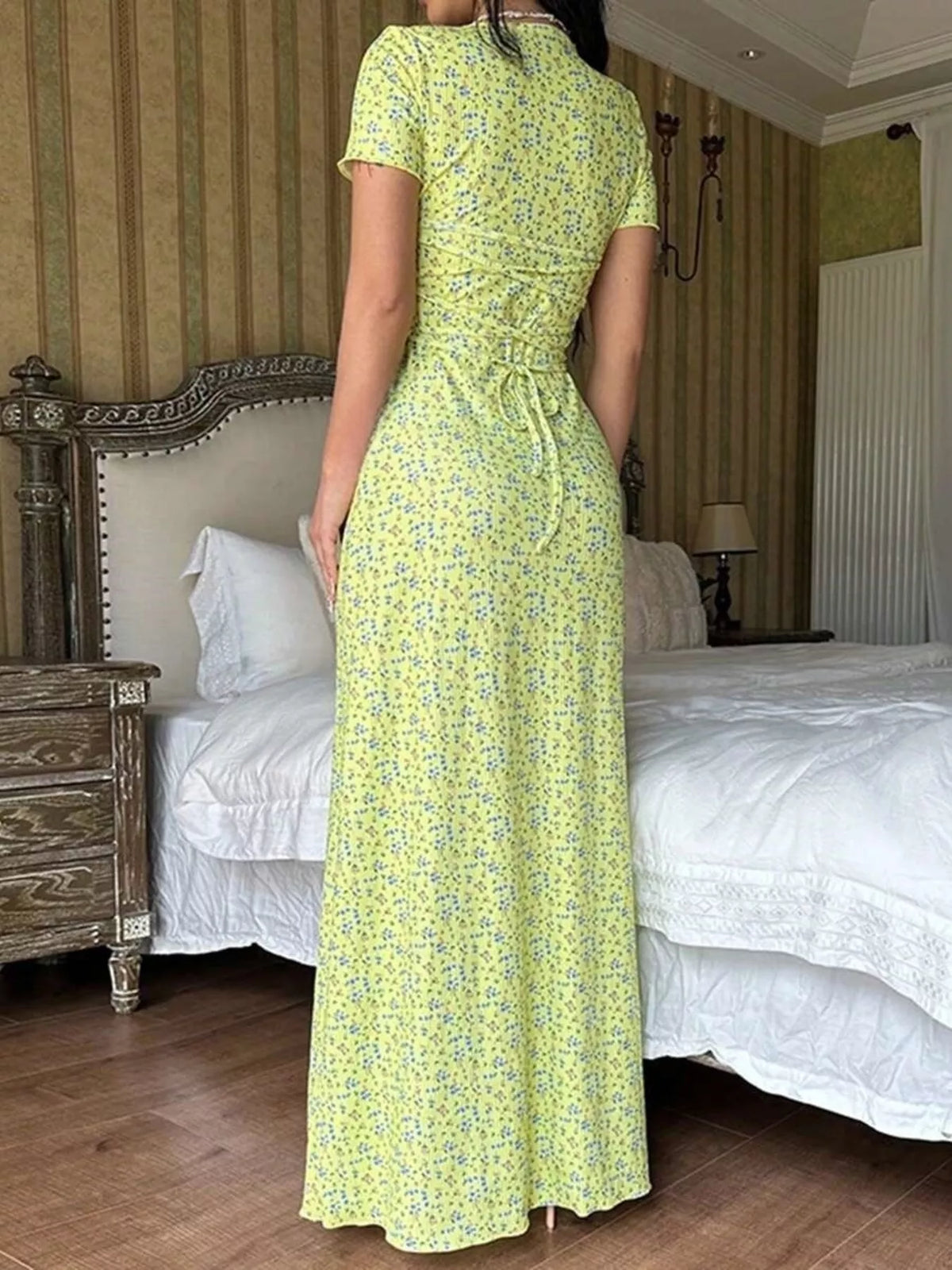Floral Print Short Sleeve Maxi Dress - Yellow - View 5