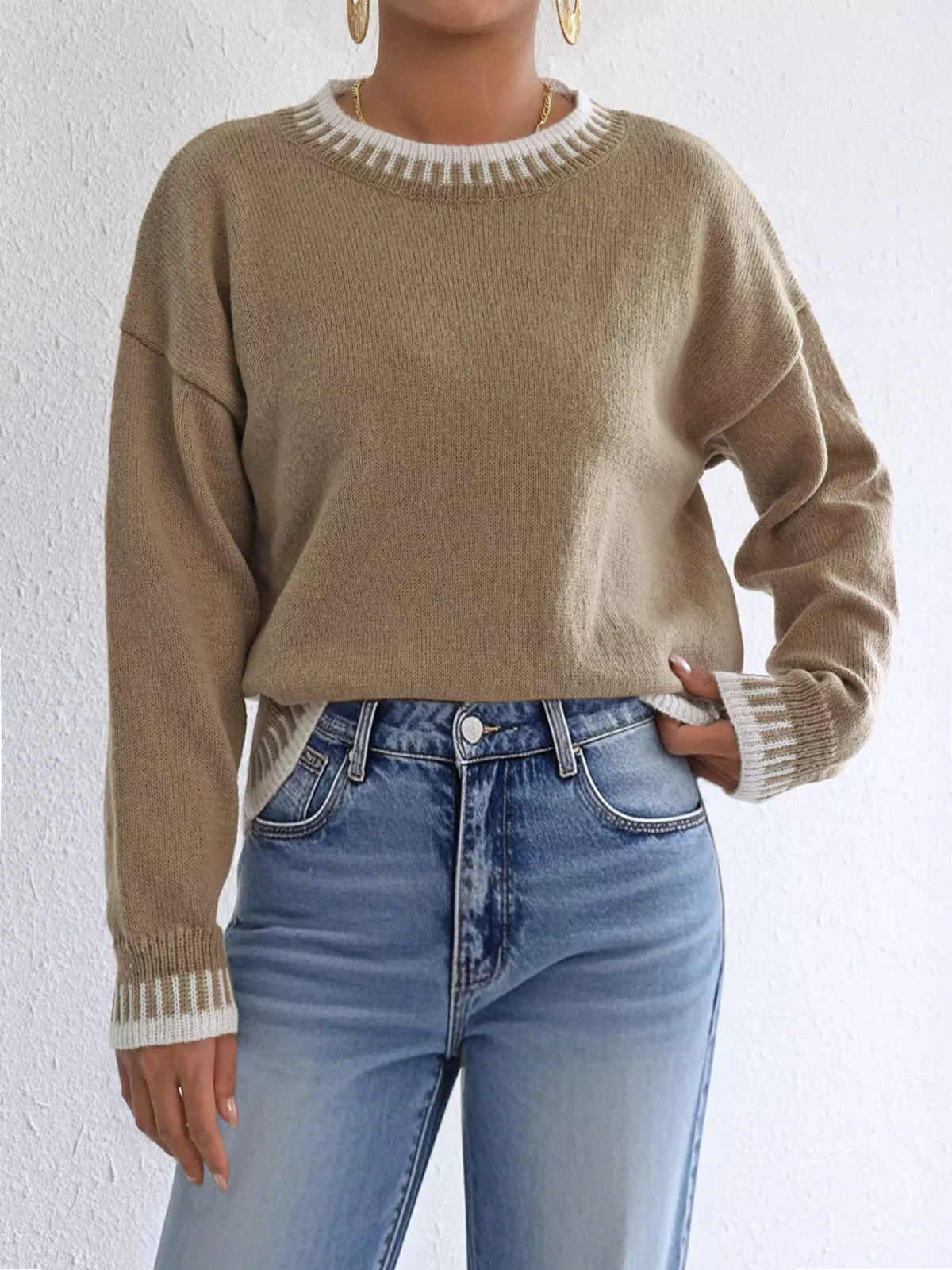 Contrast Trim Crew Neck Drop Shoulder Sweater - Camel - View 5