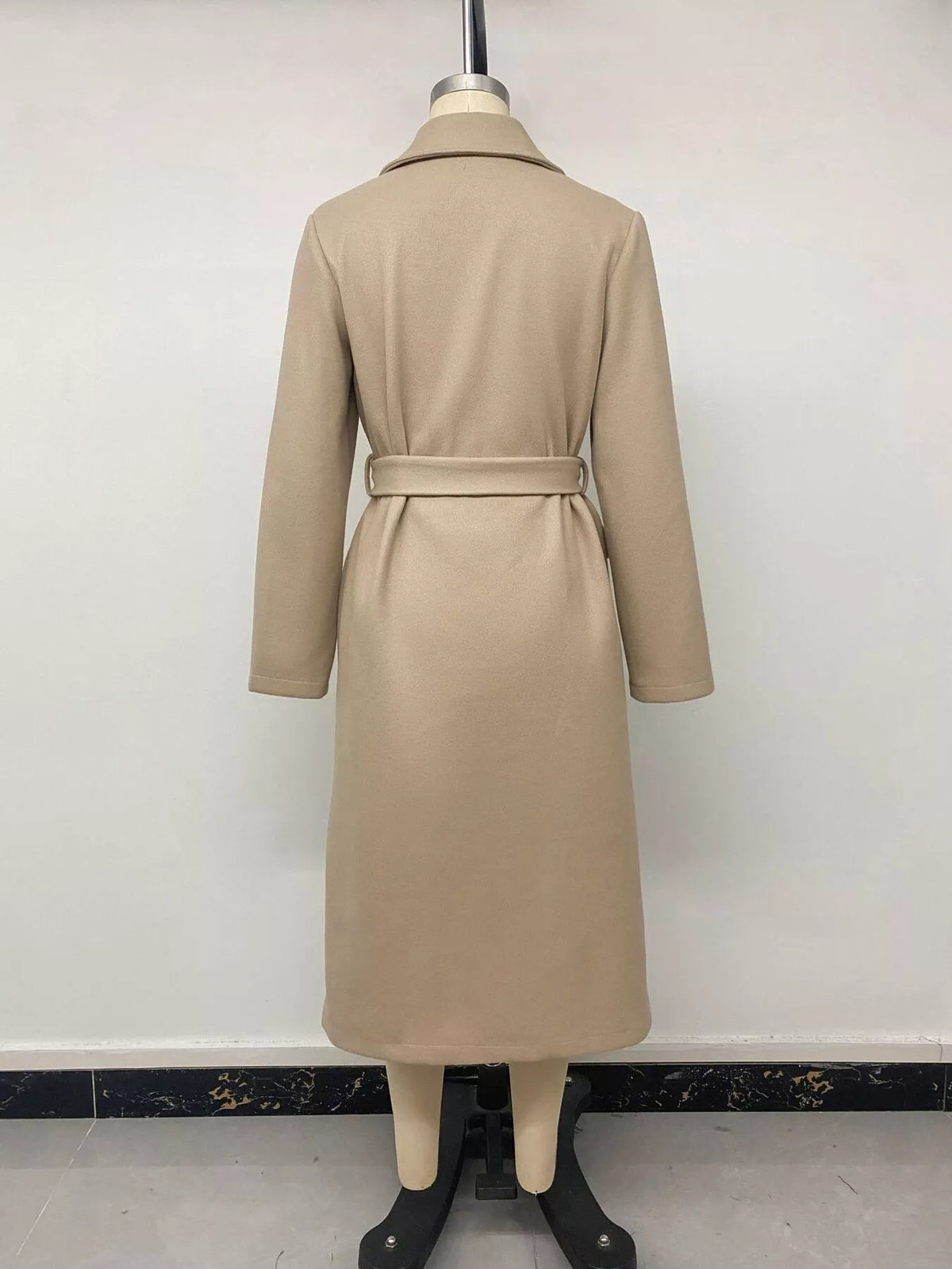 Double-Breasted Lapel Collar Longline Coat - Khaki - View 11