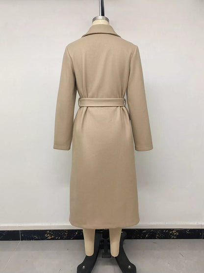 Double-Breasted Lapel Collar Longline Coat - Khaki - View 11