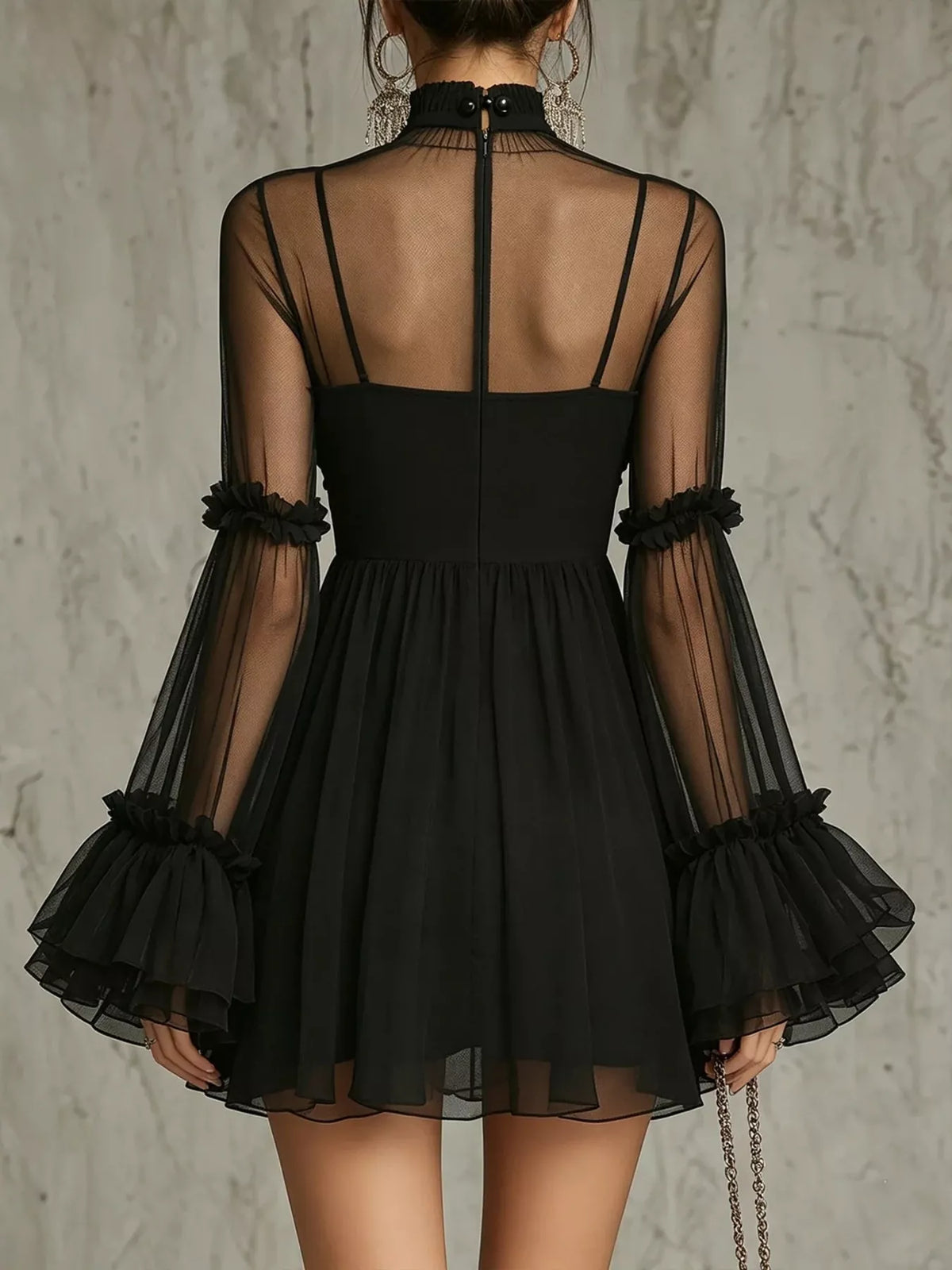 Sheer Mesh Flare Sleeve Mini Dress - Black - View 2