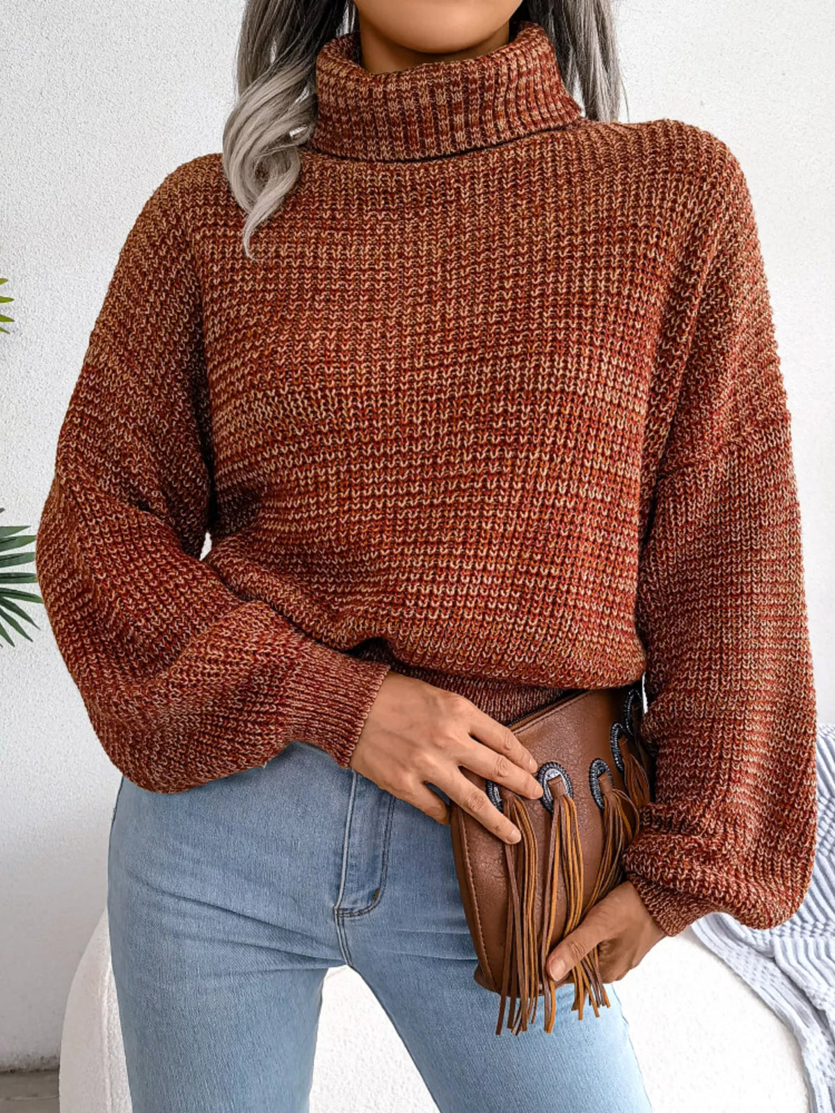 Turtleneck Dropped Shoulder Sweater - Caramel - View 1