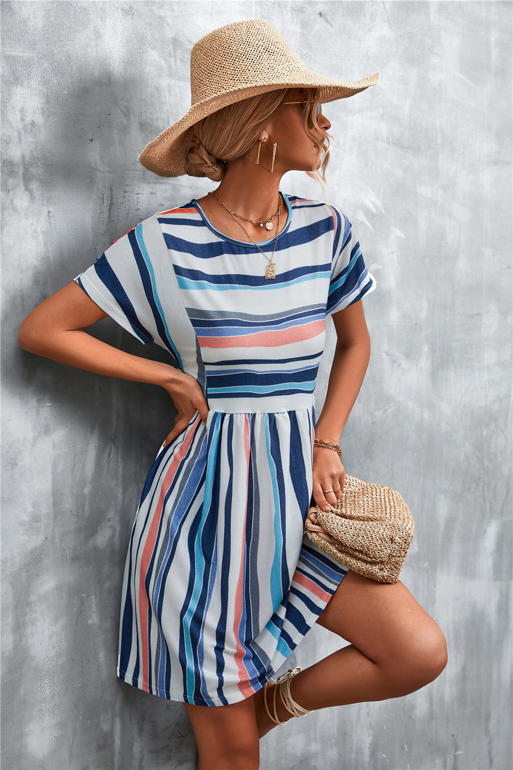 Striped Round Neck Dress - Navy - View 12