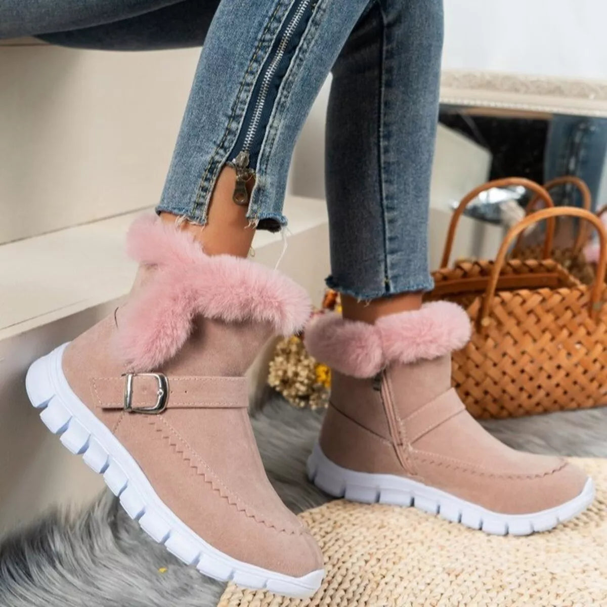 Fuzzy Trim Buckle Boots - Dusty Pink - View 2